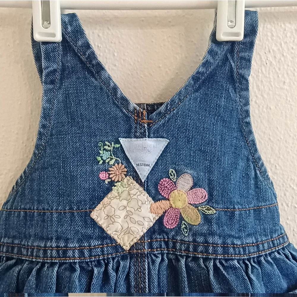 OshKosh B'Gosh Denim Blue Jean Denim Jumper Embroidered Pink Flowers Patches 3/6